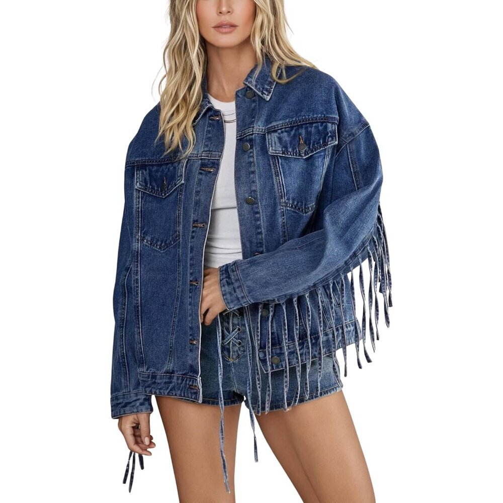 Women's Oversized Denim Jacket Tassel Fringe Cowgirl Western Casual Outfits